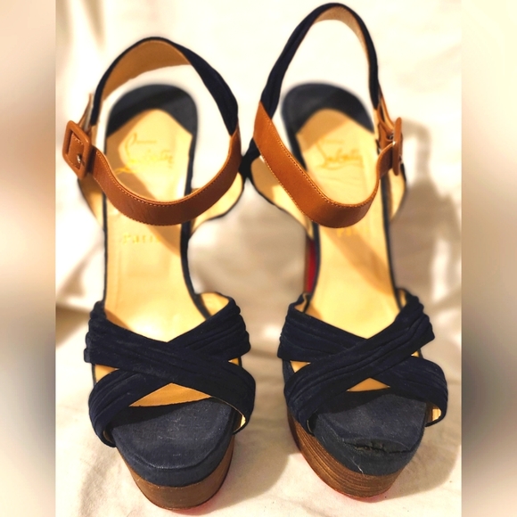 Christian Louboutin Suede Chouquette 160 Platform Sandals, Navy Blue, Size 8.5 - Picture 3 of 9